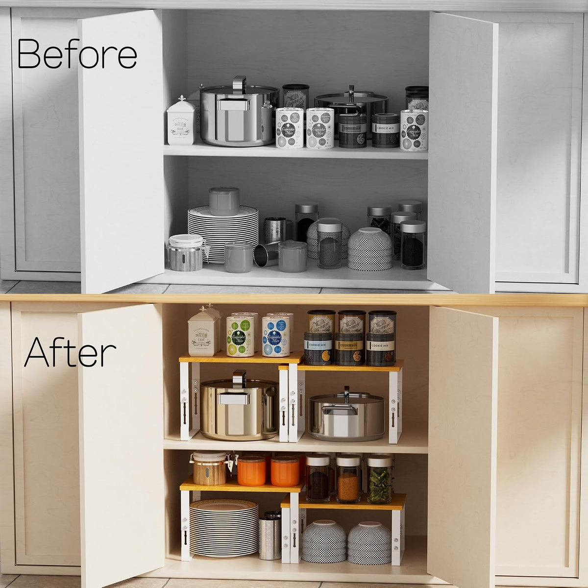 Adjustable Storage Shelves for Kitchen Cabinet Organization - Set of 2 Stackable Metal & Solid Wood Racks, Space-Saving Design for Countertop/Pantry/Garage, Easy Assembly(2 Packs/Medium/White)