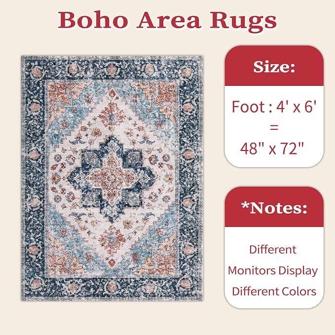 SERISSA 4x6 Boho Bedroom Rug, Washable Non Slip Vintage Blue Orange Area Rugs