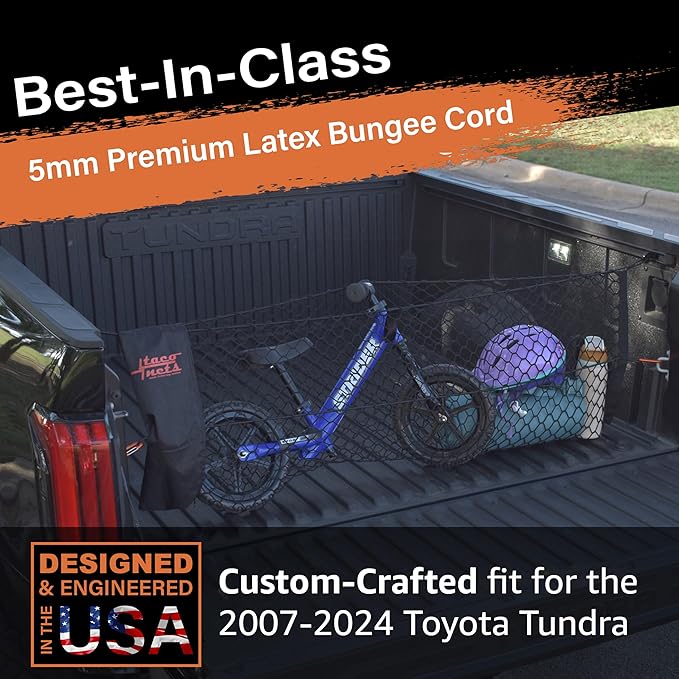Envelope Cargo Net for Toyota Tundra - Fits 2007-2025 - Patented Bed Rail Integration - Upgraded 5mm Bungee - Integrated Storage Bag - Heavy Duty Carabiners - Designed in USA