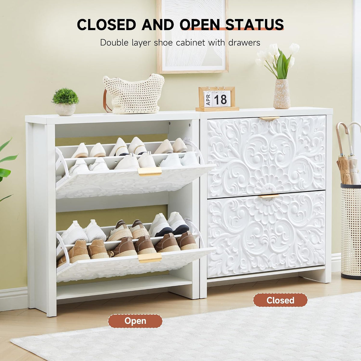 weselon Shoe Cabinet with Flip Drawers, Narrow Shoe Storage Cabinet, 2-Tier Hidden Shoe Organizer with Floral Embossed for Entryway, Mid-Century Modern Slim Shoes Storage for Hallway Foyer (1, White)