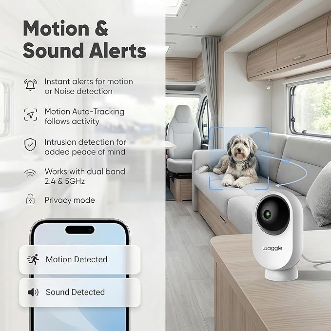 Waggle RV Mini Camera - 1080p HD Wireless Security Camera for RVs – Built-in SD Card (128GB), 2-Way Audio, Night Vision & Motion Detection - Ideal for Indoor Use - WiFi & Subscription Required
