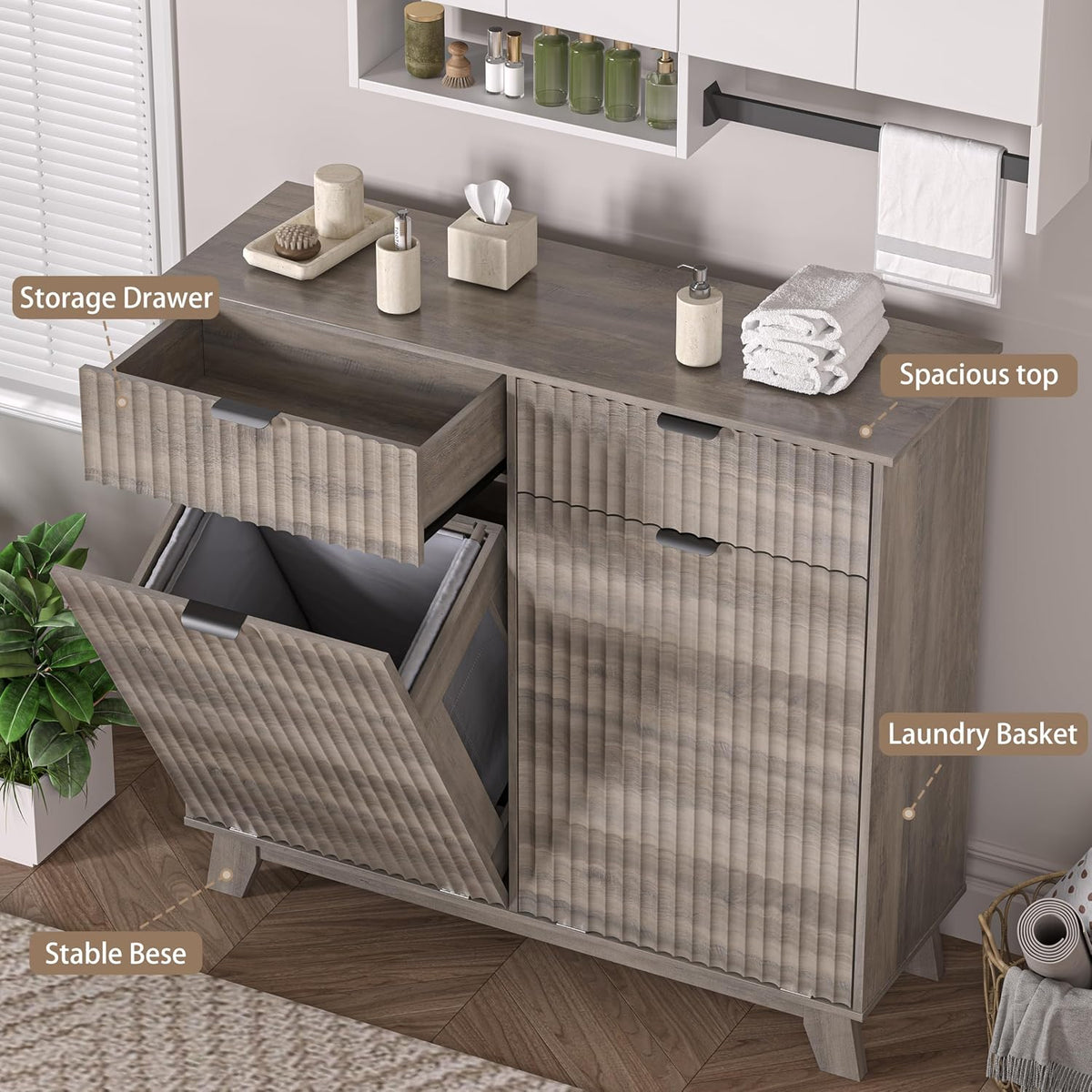 Wodeer Double Tilt Out Laundry Hamper Cabinet with 2 Drawers & Baskets, 20 Gallon Fluted Hidden Trash Can Cabinet, Farmhouse Wood Laundry Storage Cabinets for Bathroom, Kitchen, Grey