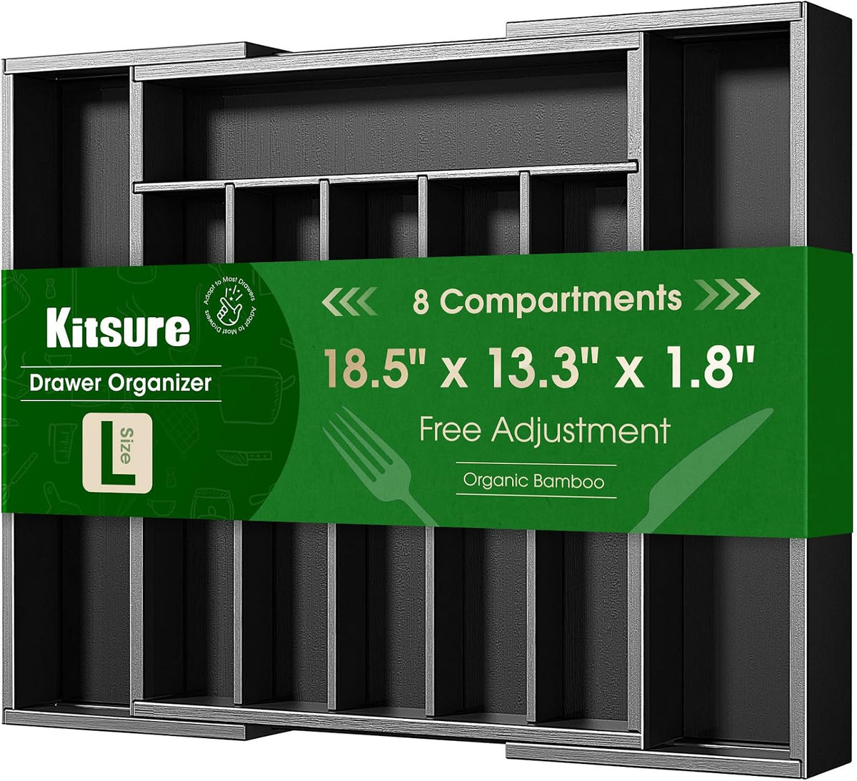 Kitsure Silverware Organizer, Bamboo Kitchen Drawer Tray, Black, Large