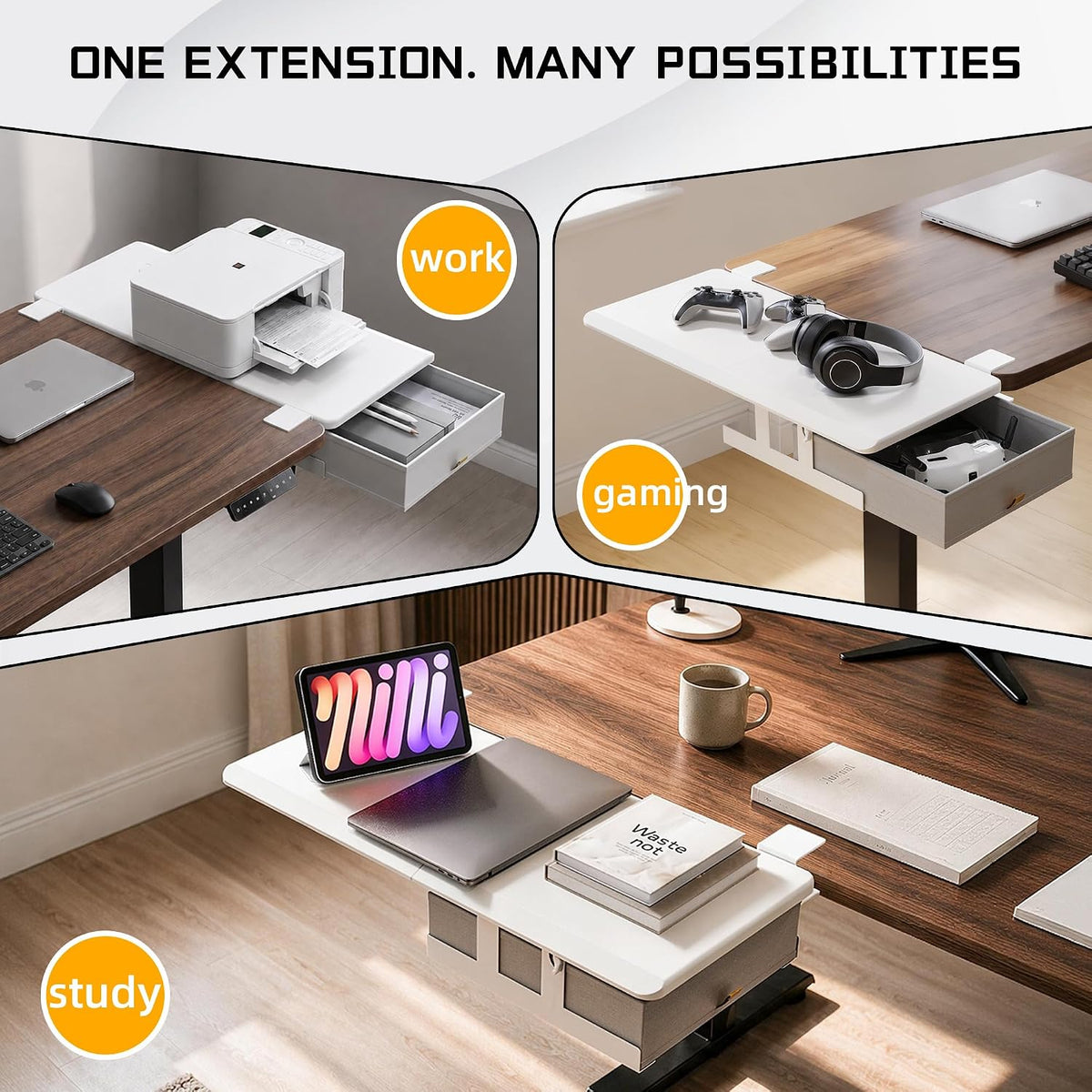 ETHU Desk Side Extender Tray with Storage Drawer, 25.6x11.4, White