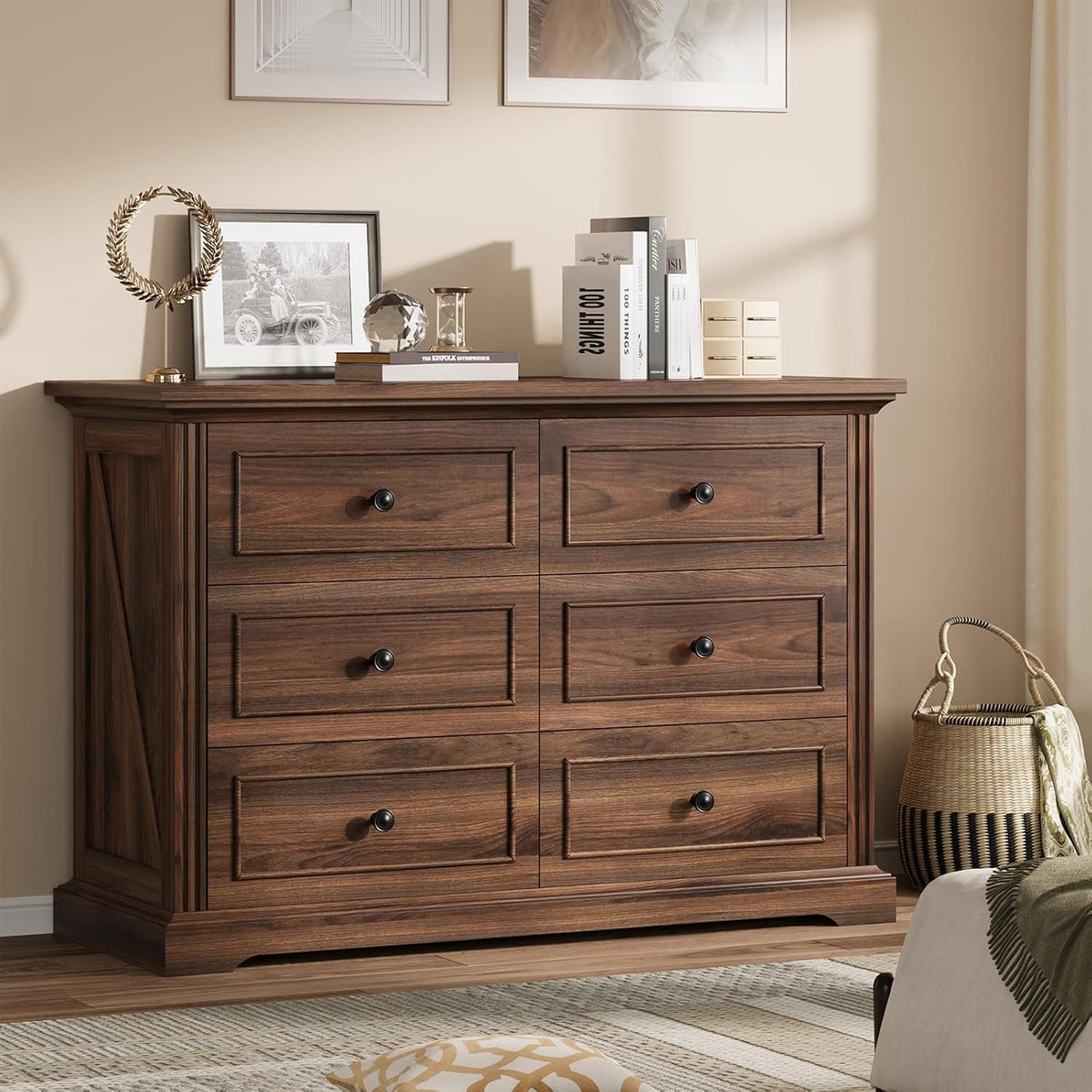 QUW Farmhouse 6 Drawer Dresser for Bedroom, 47" Wide Wood Chest of Drawers with Charging Station, Metal Handle, Modern Closet Clothes Storage Organizer for Living Room, Hallway, Entryway, Dark Walnut
