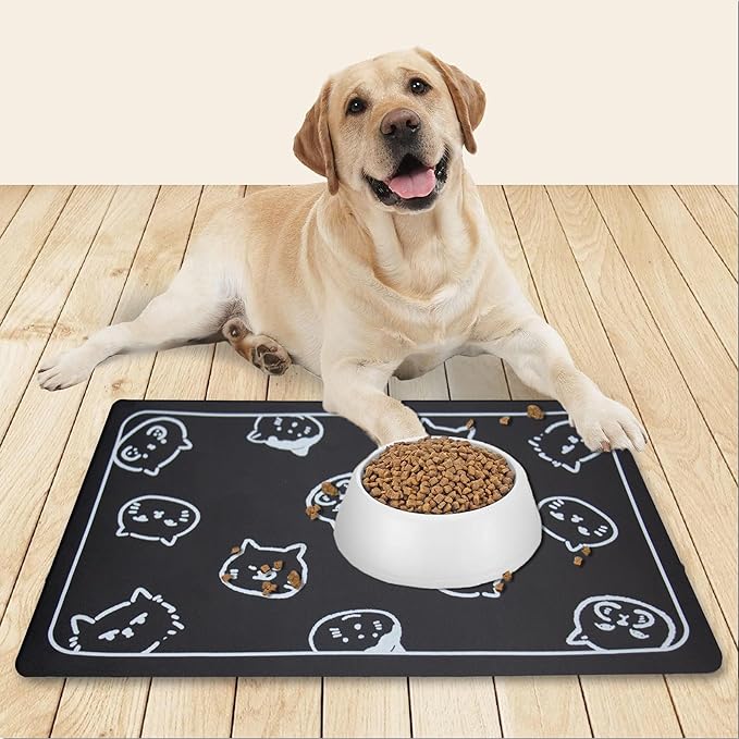 YCT Cat Food and Water Mat for Pets - Non-Slip Super Absorbent Dog Bowl Mat With Multiple Cat Heads Logo - 24 x 16.9 Inches, Black