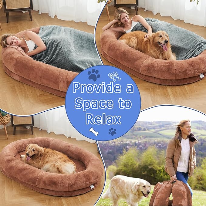 Human Dog Bed - 72"x48"x10" Large Gaint Shared Bed for Adult - Flufelbed Standard Cloud Bed for Humans and Dogs - Nap Bed Bean Bag Bed Faux Fur Fluffy Orthopedic Pet Bed Large Brown