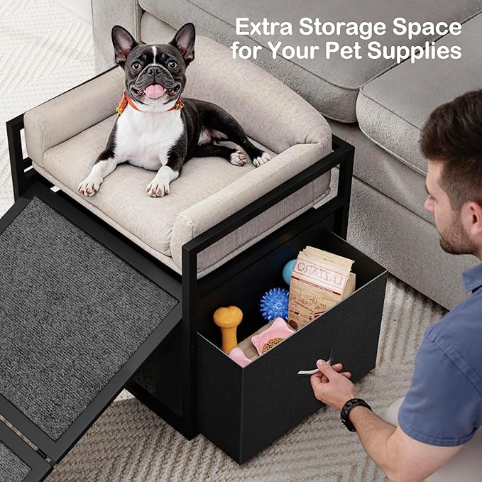 Non Slip Dog Ramp with Seat & Storage Drawers,Extra Wide Doggie Stairs,Metal Frame Puppy Chair for High Bed Couch Office,Dachshunds Ladder,Washable Cushion Pet Step for Small Old Pets Khaki