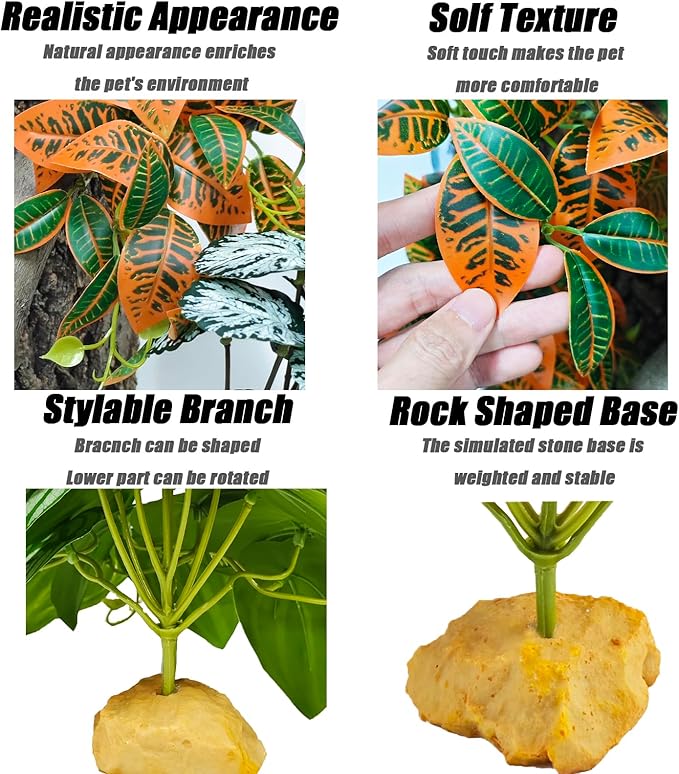 Woyrise Reptile Plants for Terrarium Decor, Ball Python Tank Accessories fit Bearded Dragon Crested Leopard Gecko Lizard Chameleon Snake Frog Tortoise Hermit Crab - Fake Codiaeum Variegatum