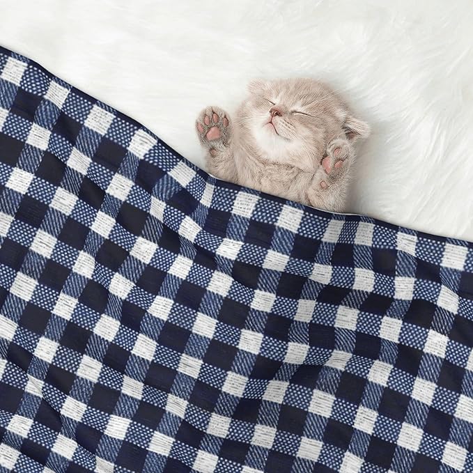 Waterproof Dog Blanket Soft Pet Blanket for Puppy Cat, Fleece Cat Throw Blankets for Furniture Bed Couch Sofa Reversible - Navy Blue Gingham 1