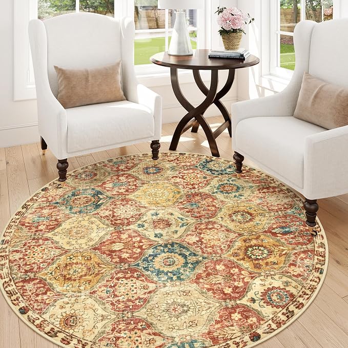 Lahome Moroccan Trellis Round Area Rugs, Washable Small Round Rug 3ft Non-Slip