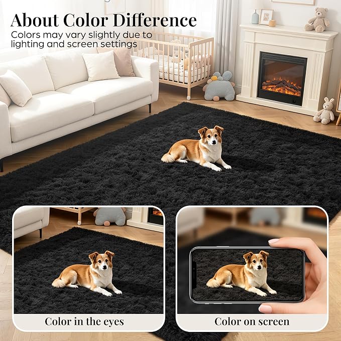 Area Rug for Living Room Bedroom: 5x7 Black Soft Fluffy Shag Upgrade Non-Slip
