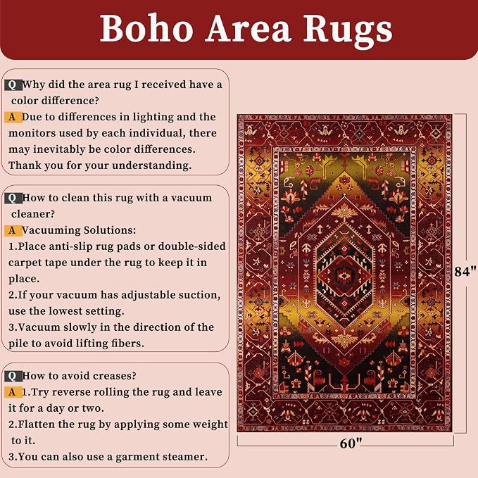 SERISSA 5x7 Boho Area Rug, Washable Non-Slip Rugs