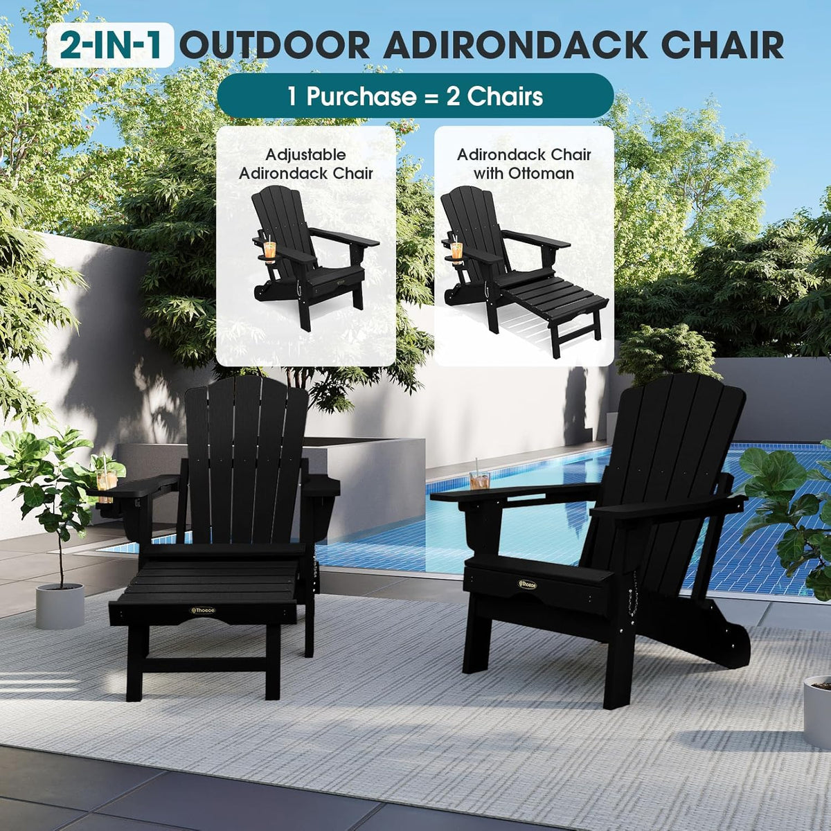 THOEOE Adirondack Chairs with Footrest, Folding HDPE Chairs Set of 4