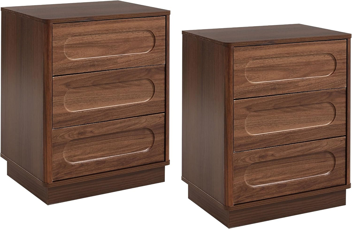Aoikax Modern 3 Drawer Nightstand X 2P with Push-to-Open Drawers, Mid-Century Bedside Table with Raised Base for Bedroom, Oval Groove Panel Front, Dark Walnut Color