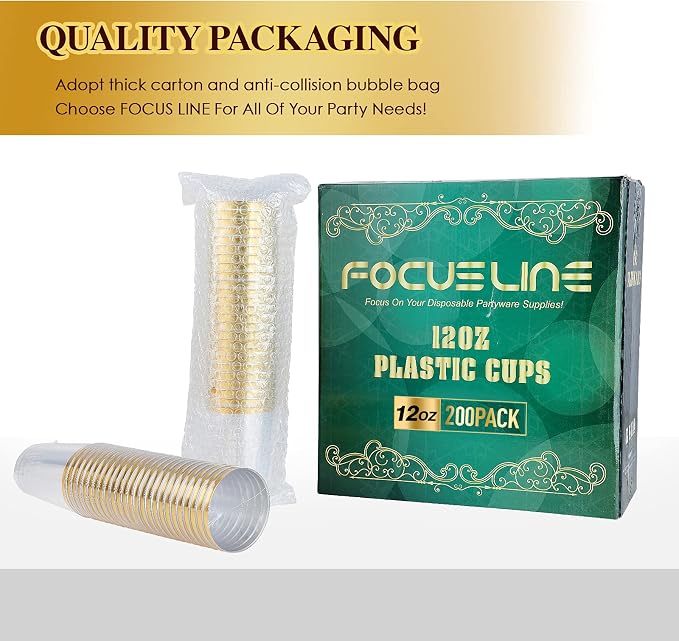 FOCUSLINE 200 Pack 12 oz Gold Rimmed Plastic Cups, Heavy-duty & Fancy