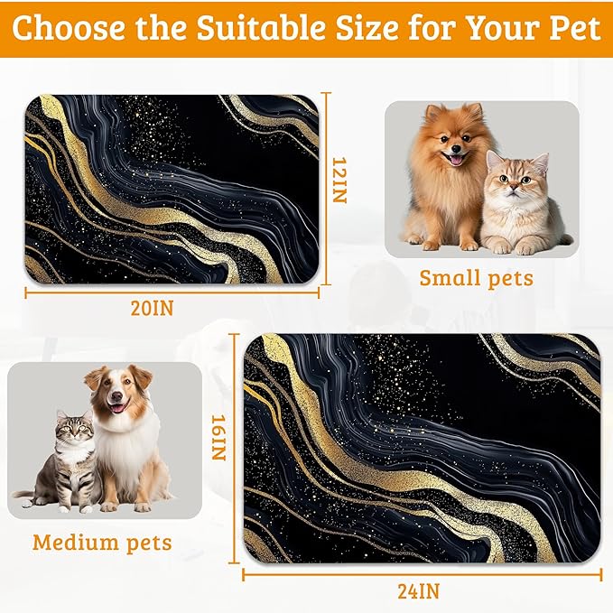 Dog Bowl Mat,Abstract Marbled Pet Feeding Mat for Floors Waterproof,Gold Black Absorbent Dogs Placemat for Food and Water Quick Dry Pet Cat Feeding Mats with Non Slip Bottom 16" x 24"