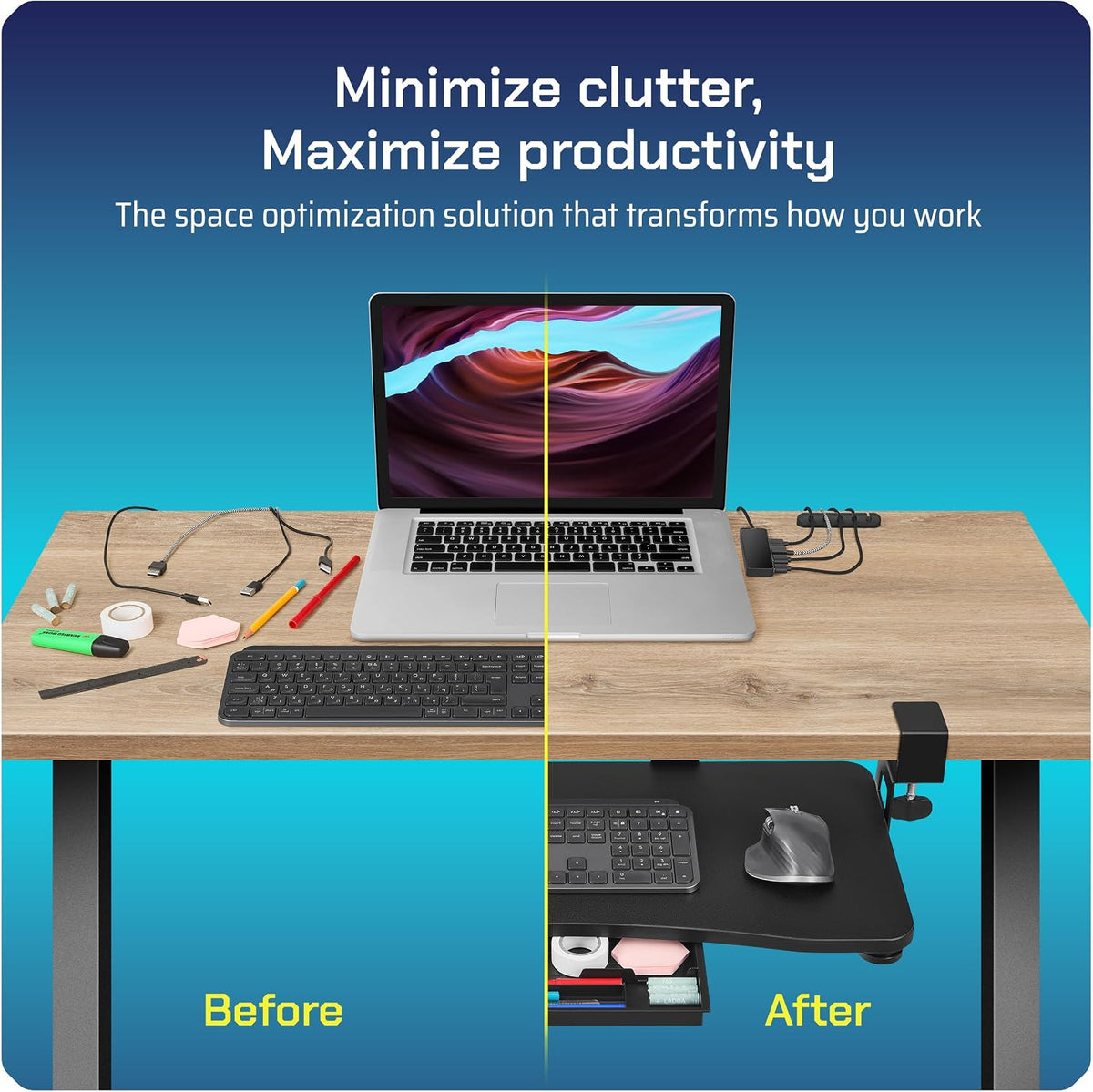 Keyboard Tray | Under Desk Keyboard Tray Slide Out w/Adjustable C-Clamps for Desks Up to 1.5-Inch-Thick | Clamp On Drawer with 1x USB-C to 4 USB-A Hub and 1x Five-Cable Management Organizer