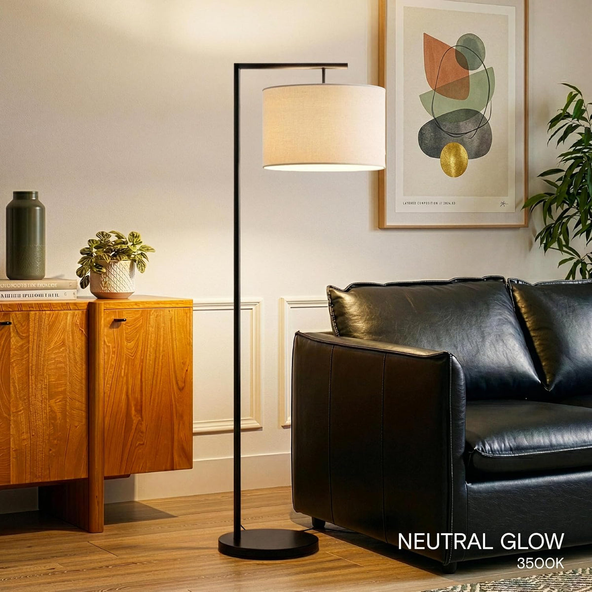 Brightech Montage Modern Floor Lamp - LED Standing Lamp with Tan Shade for Living Rooms & Offices - Bedroom Reading Light - Tall Corner Pole Lamp for Contemporary Home Decor - Black