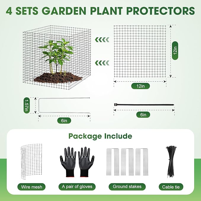 60Pcs Plant Protectors from Animals, 20Pack 12x12 Inch Garden Wire Mesh Protection, Outdoor Plant Cages to Keep Animals Out Out with Zip Ties & Stakes, Wire Mesh Cover for Plants, Vegetable & Flowers