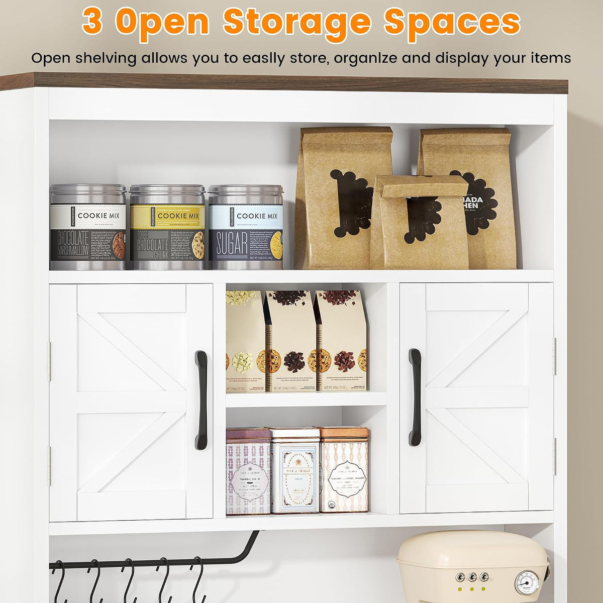 Saudism 70" Tall Farmhouse Kitchen Pantry Cabinet, Wooden Storage Cupboard with Barn Doors, Drawers & Cup Holder, Microwave Stand for Dining Room, White