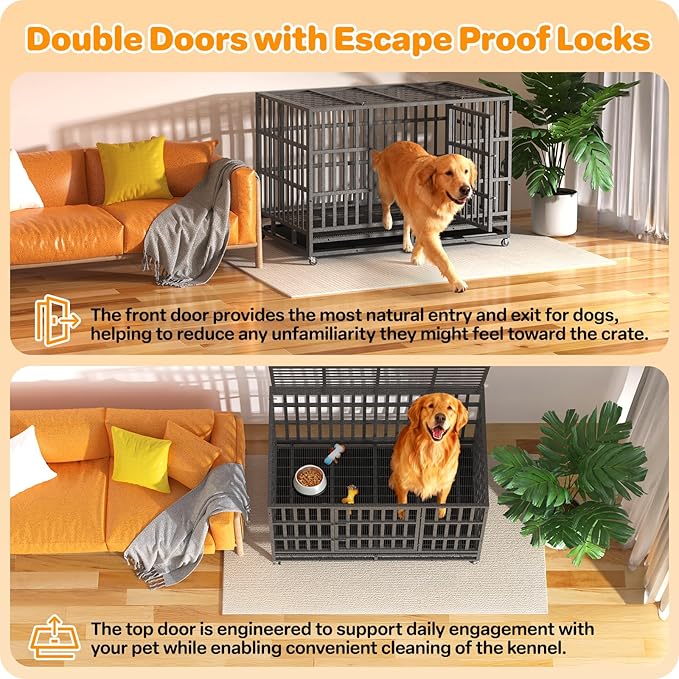 48 Inch Heavy Duty Dog Crate, Indestructible Escape-Proof Dog Kennel for High Anxiety Large Dogs, Strong Metal Pet Cage with Double Doors, Lockable Wheels & Removable Tray, XL XXL XXXL