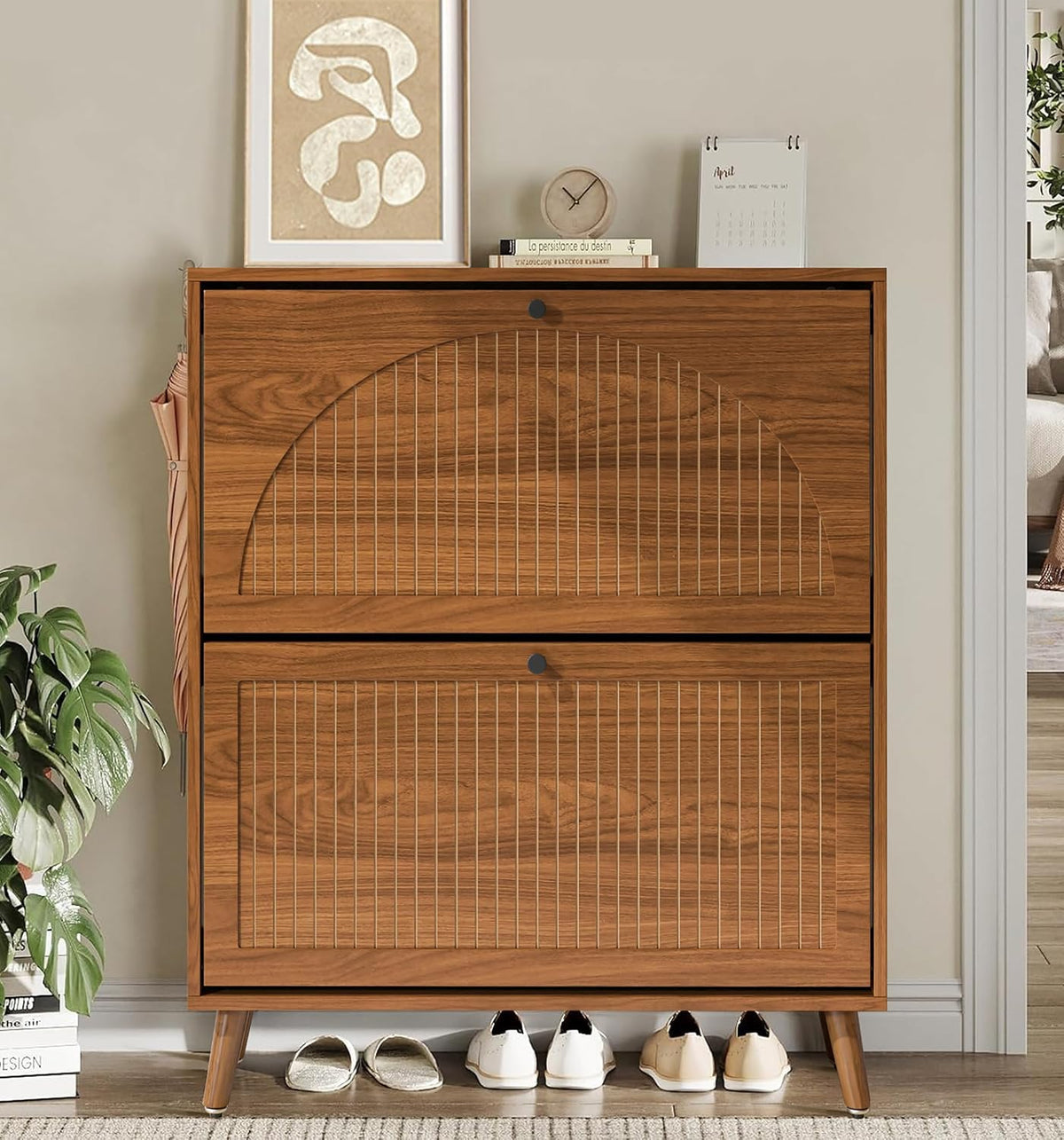 Fsbecl Shoe Cabinet Storage for Entryway with 2 Fluted Flip Drawers, Modern Freestanding Narrow Shoe Organizer with Adjust Shelves, Wooden Hidden Shoe Rack for Foyer, Hallway, Walnut