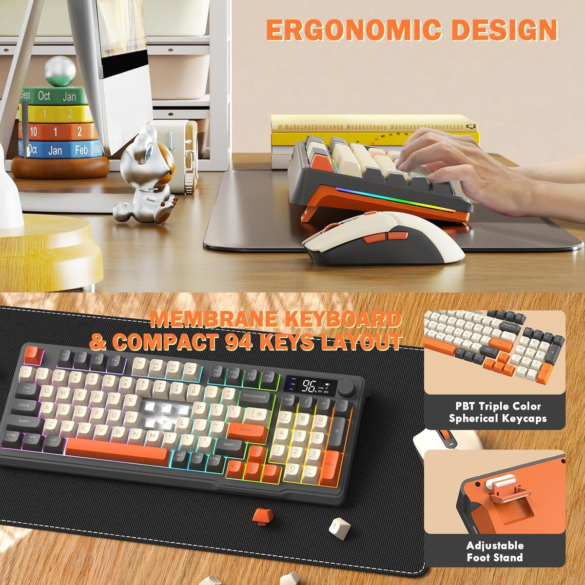FREEWOLF T96 Smart Display Wireless Gaming Keyboard and Mouse Comb, 94Key LED Lighting Rechargeable Silent Membrane Keyboard with Knobs, 2000mAh Battery, 6-Button 4KDPI Mouse for Win/Mac(Glimmer)