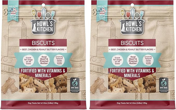 Howl's Kitchen Biscuits, 12 oz Bag, 1 Count, Beef, Chicken and Peanut Butter Mix, Rawhide Free, All Natural Chewy Dog Treats, for All Breed Sizes (Pack of 2)
