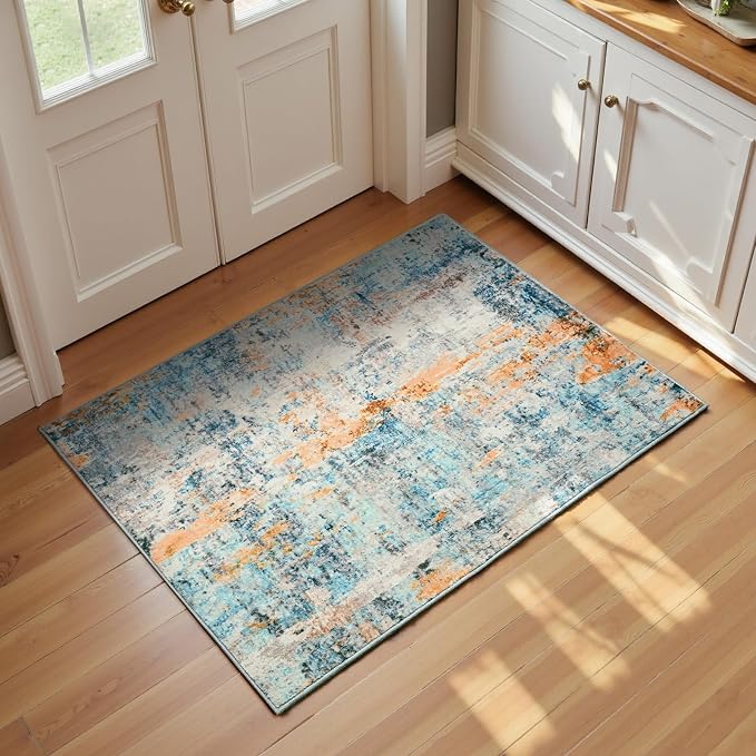 Entrance Rugs Indoor 2x3 Blue Entry Rug Washable Abstract Small Area Rug