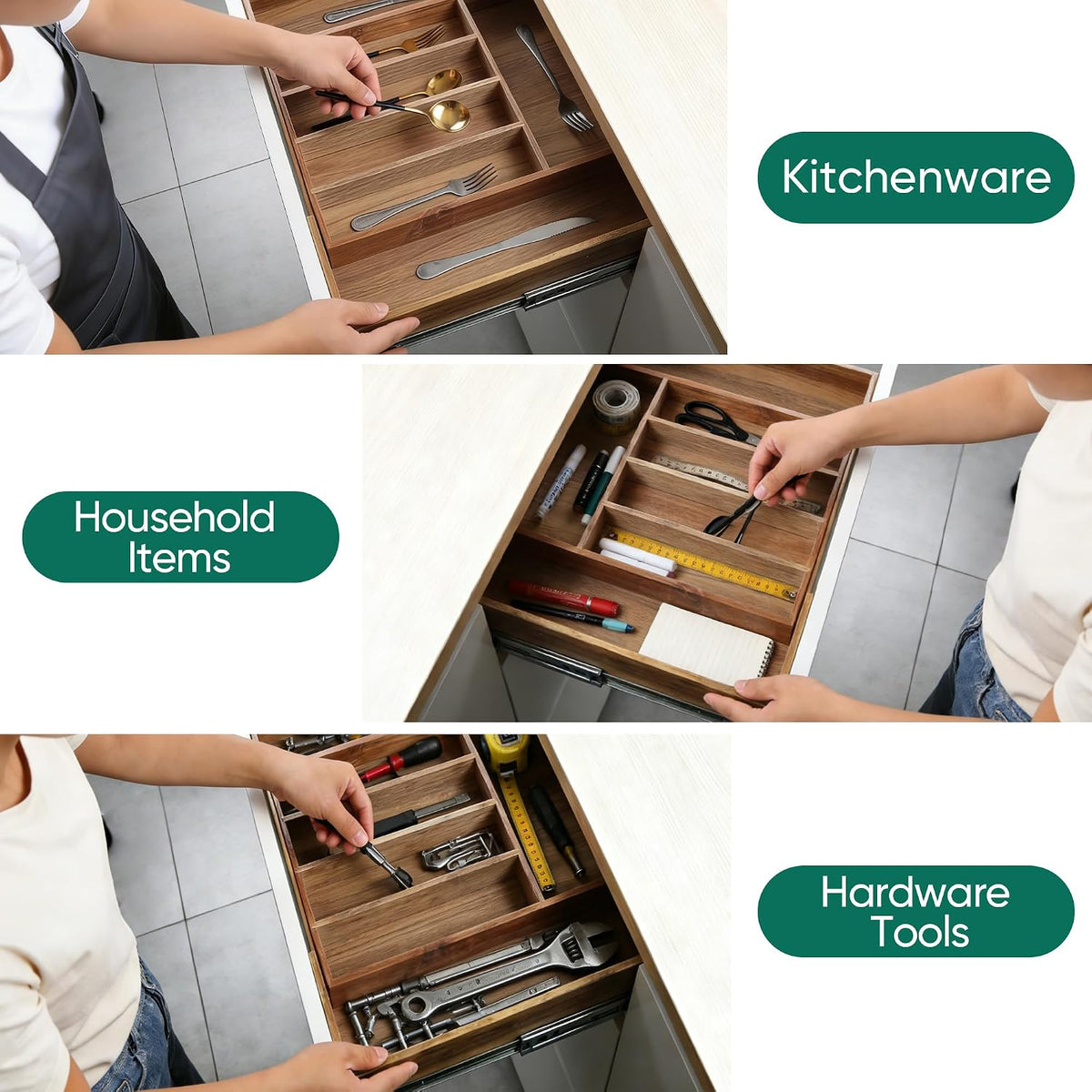 Acacia Wood Silverware Organizer, 7-Compartment Expandable Drawer Tray