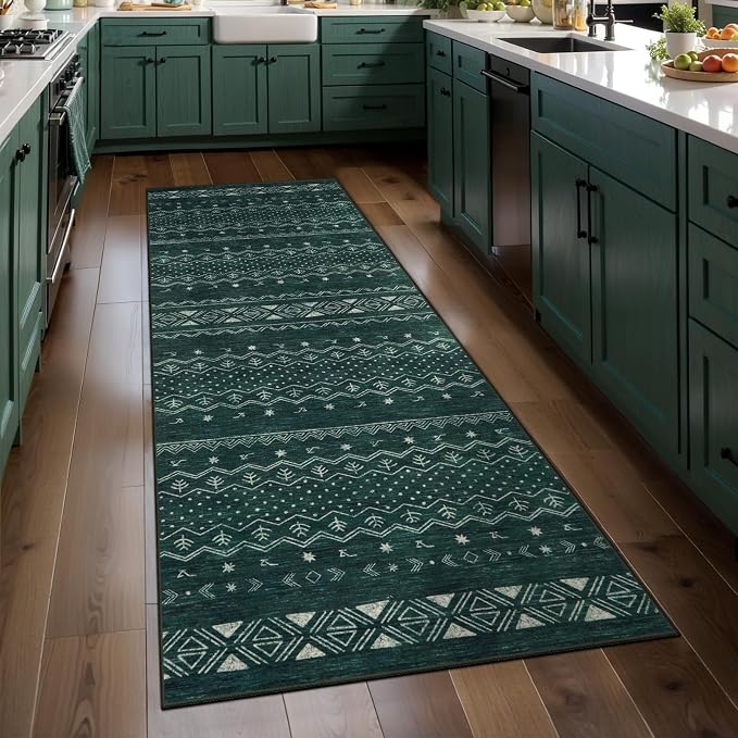 SERISSA 2x5 Kitchen Runner Rug, Washable Non-Slip Dark Green Boho Rug, Soft