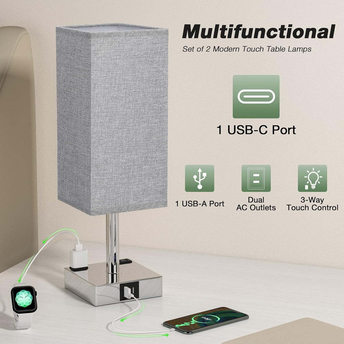 Light Grey Touch Lamps Set for Bedroom - Dimmable, USB C+A, 2 AC Outlets
