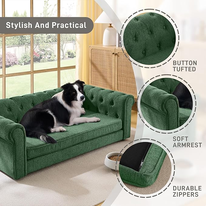 Dog Sofa Couch for Medium and Large Dogs, Memory Foam Dog Sofa Couch with Washable Fabric, Durable Elevated Pet Bed with Legs, Removable Cushion for Medium to Large Dogs, Green