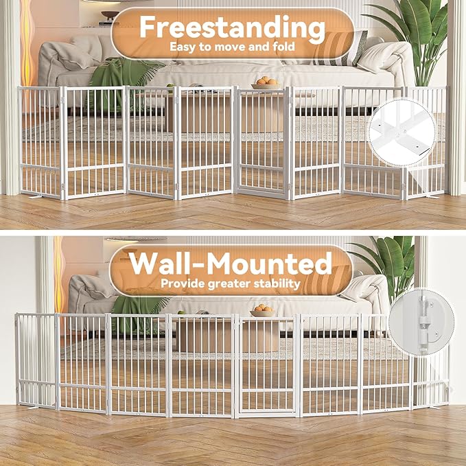 Full Metal Freestanding Dog Gate with Door, 32''Height Foldable Pet Dog Fence for Indoor & Outdoor, 8 Panels Extra Wide Free Standing TallDog Gates for Doorways,House,Stairs,Porch,Deck,Yard