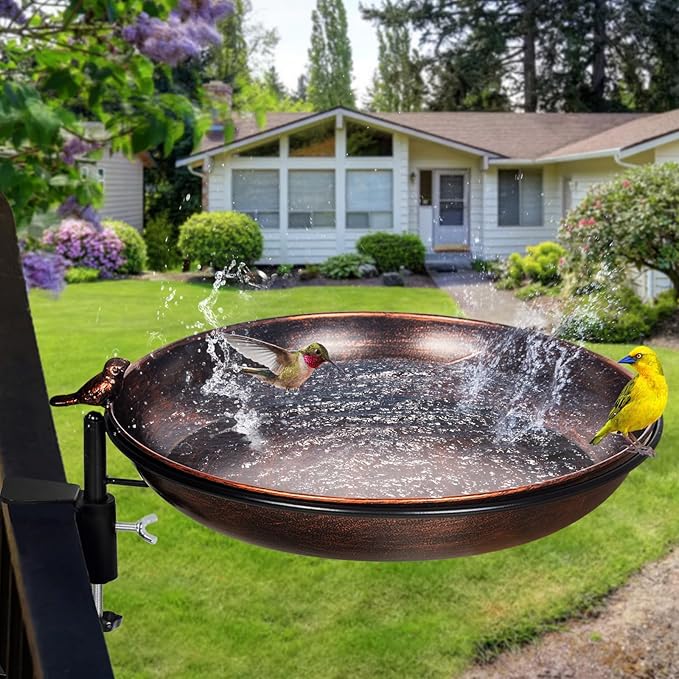 DREAMSOUL Deck Mounted Bird Bath Metal Birdbath Bowl Unheated with Lightweight Detachable, Bird Baths with Adjustable Sturdy Steel Clamp for Deck Railing Balcony Yard Garden Decoration