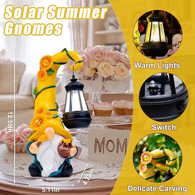 Mom Birthday Gifts-Garden Gnome Statue with Solar Lights Large Garden Sculptures Funny Triple Gnome Outdoor Patio Lawn Yard Garden Decor Gifts for Women Mom 12 in Spring Gnomes Outdoor