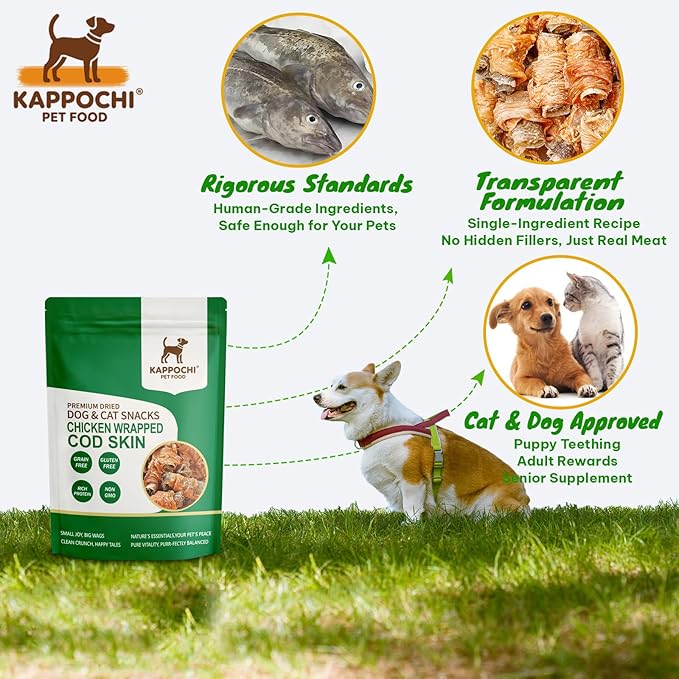 Freeze Dried Chicken Wrapped Cod Skin Dog Treats, Rich in Omega-3, 2.8 Ounce (80.0g), Single Ingredient, High Protein Training Treats, Natural & Raw, No Additives, Grain Free, Gluten Free