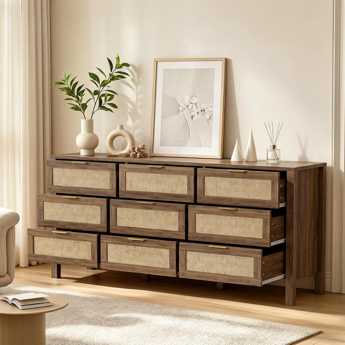 9 Drawer Double Dresser,Wood Dresser,Modern Wooden Storage Cabinet,Chest of Drawers for Bedroom, Living Room, Entryway (Brown-9 Drawer)