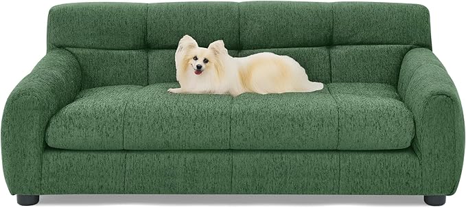 Large Dog Sofa Bed with Backrest & Armrests, Orthopedic Foam Pet Couch for Medium Large Dogs, Modern Linen Dog Bed Furniture with Short Legs & Non-Slip Base (Green)