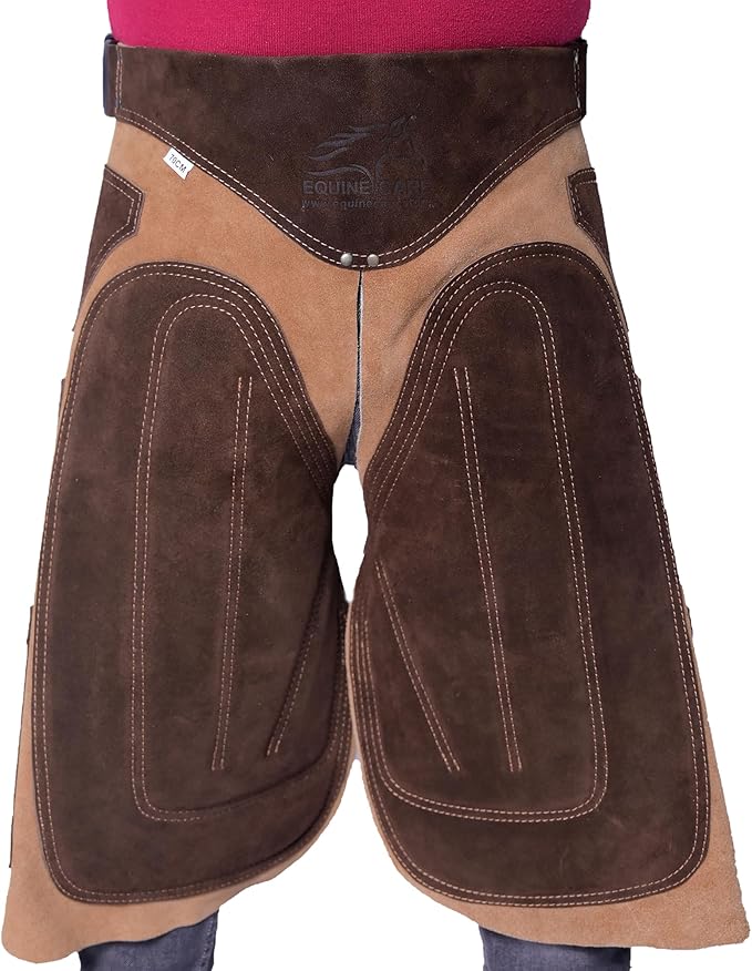 Equine Care Farrier Apron Chaps – Cowhide Suede Leather, Foam Padded Thigh and Back Support, Adjustable Waist, Tool Pockets, Magnetic Nail Holders (23 inches (59 cm))