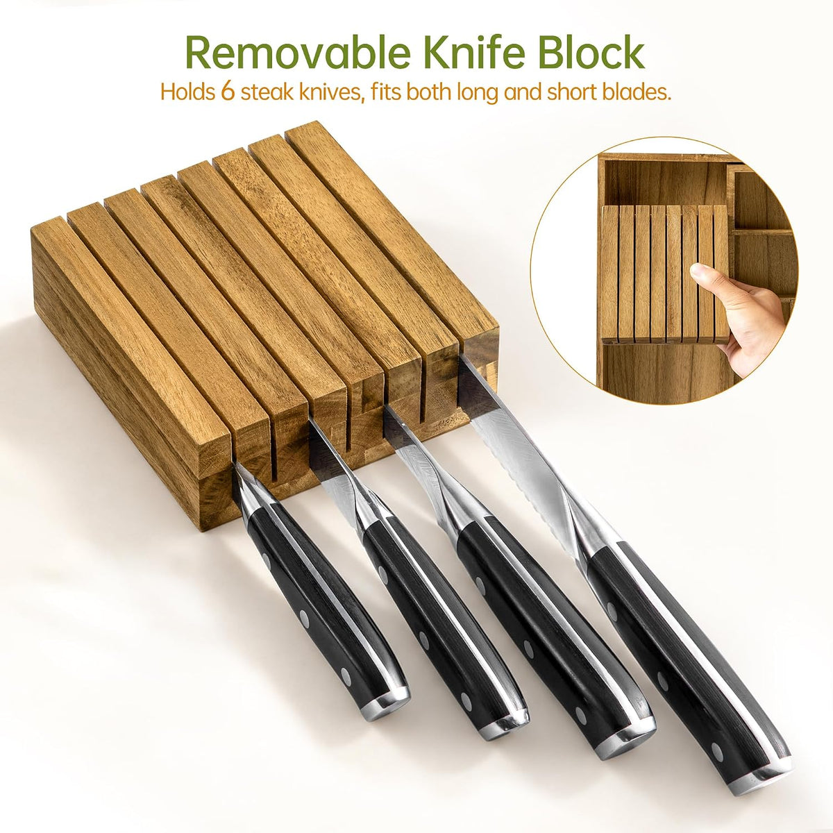 Acacia Expandable Silverware Drawer Organizer, Removable Knife Block