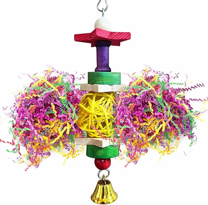 SunGrow Parakeet Toy, Brightly Colored Hanging Toy Made of Rattan, Wood and Shredded Paper, for Small and Medium Parrots, Cockatiels, Lovebirds and Finches (1 Piece)
