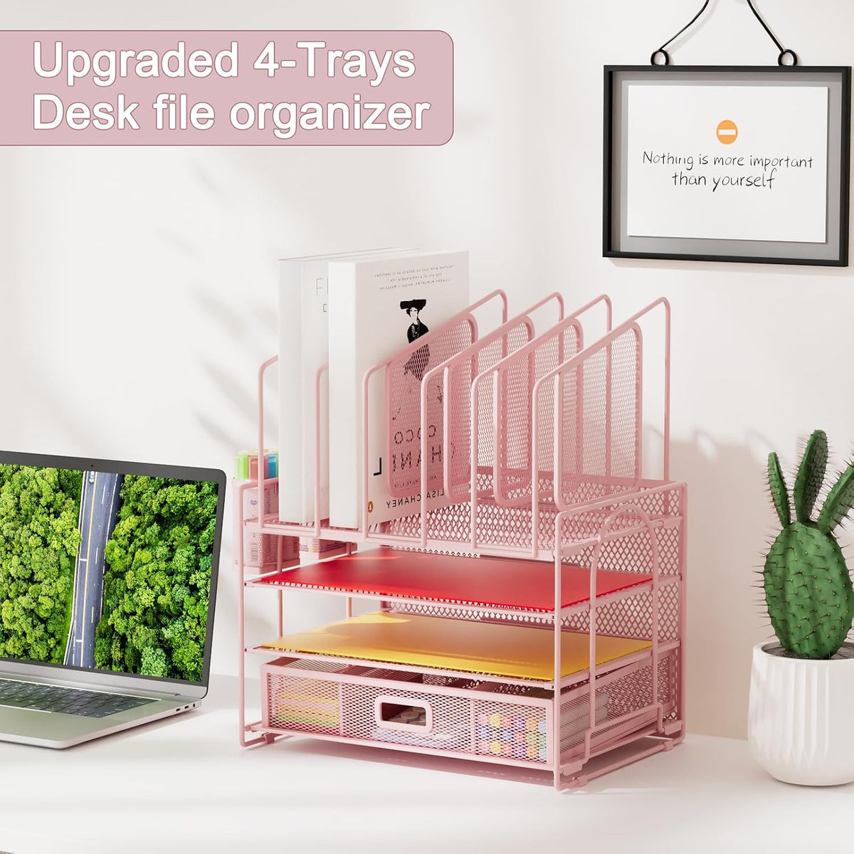 Marbrasse Desk Organizers, 4-Tier Mesh Desk File Organizer with 5 Vertical File Holders and 2 Pen Holders, Multifunction Desktop Organizer,Desk Organizers and Accessories for Home Office (Pink)