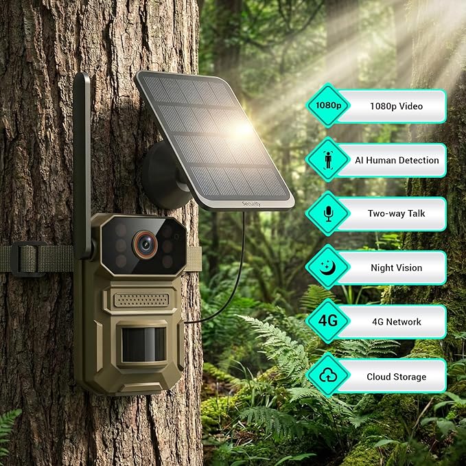 4G LTE Cellular Trail Camera with Solar Panel, 1080p Full HD Pet Cameras, Motion Detection, Live View, Night Vision, Two-Way Talk, IP65, Built-in SIM Card, Unlimited Plan (Sold Separately)