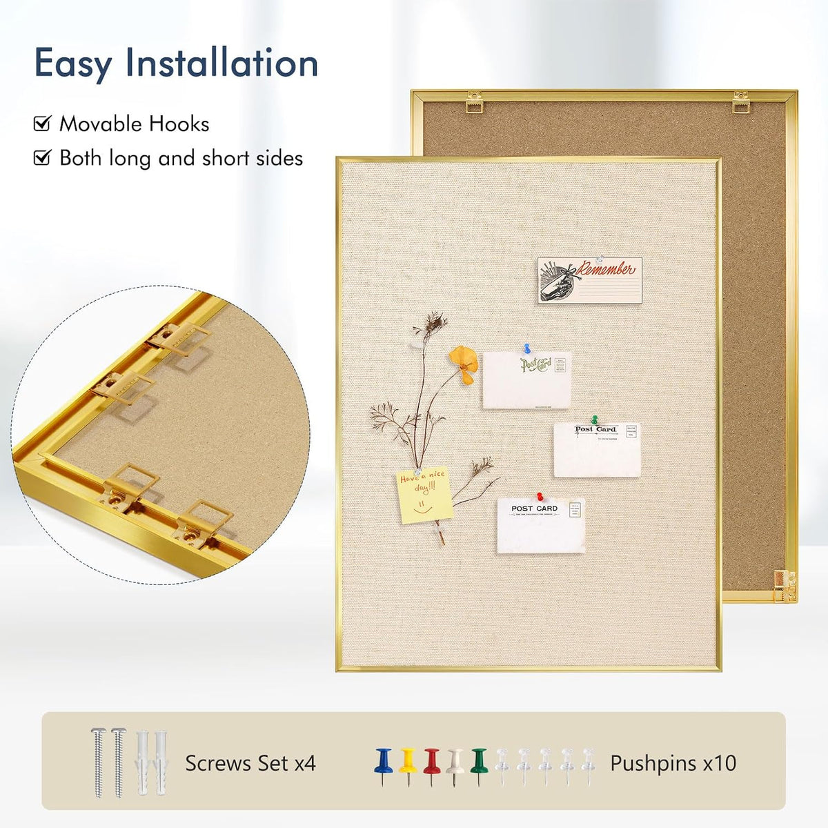 DOLLAR BOSS Linen Bulletin Board, 36'' x 24'', Golden Frame, Beige Brown