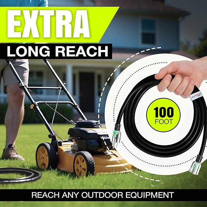 100ft Outdoor/Indoor Extension Cord 12/3 Gauge Extra Heavy Duty 3 Prong SJTW, Waterproof, ETL Listed, Flexible Cold-Resistant Long Power Cord,15A 125V 1875W, Black by LifeSupplyUSA