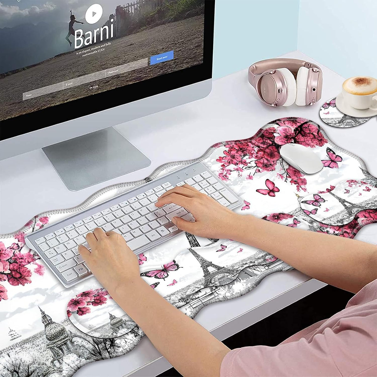 Bxgolkgd Desk Mat Set,Mouse Pad with Keyboard Wrist Rest & Mouse Wrist Rest,Wave-Shaped Design,Non-Slip Rubber Base,Ergonomic Desk Mat for Home,Office,Gaming,Butterfly Eiffel Tower