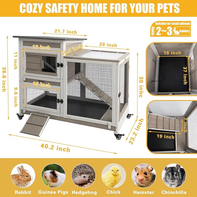 40" L Rabbit Hutch Indoor Wooden Bunny Hutch Outdoor 2 Story Rabbit Cage on Metal Wheels with Run and 2 Deeper Pull Out Trays Guinea Pig Pet House for Small Animals