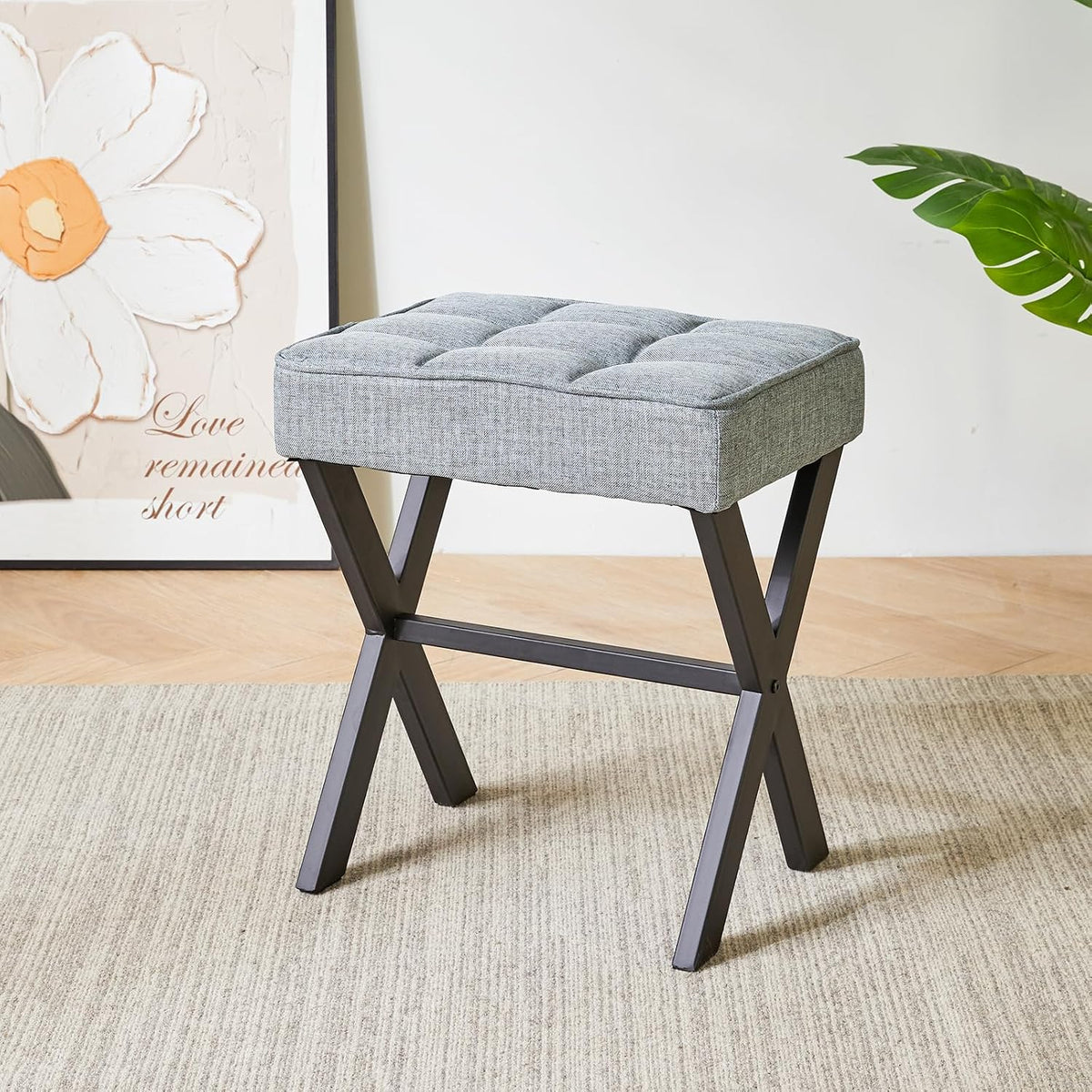 IBUYKE Square Makeup Stool with X-Leg, Linen Vanity Chair, Blue Gray LG-70L